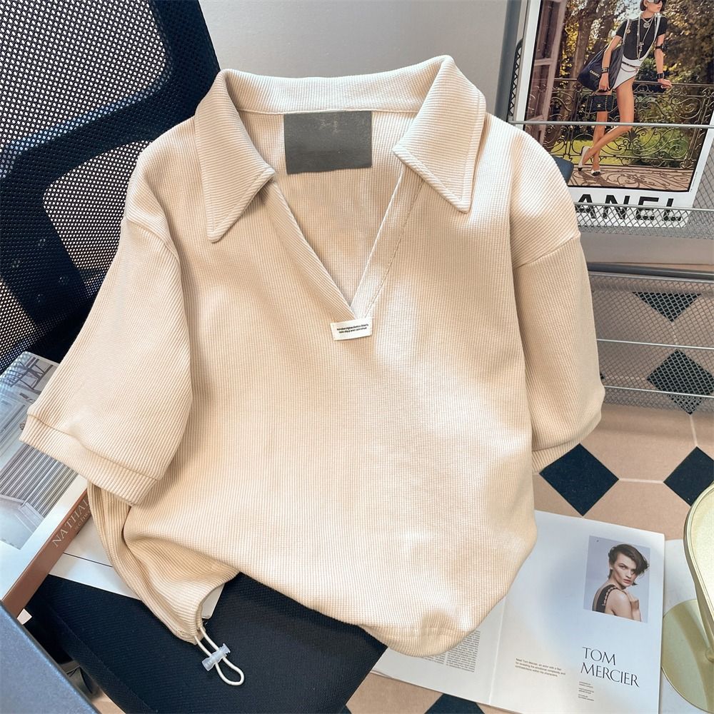 65米妮250克質量復古v領vintage正肩寬鬆polo衫女
