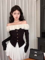 Real shot of spring pure lust sexy hot girl style French one-shoulder long-sleeved T-shirt women's ruffled waist top