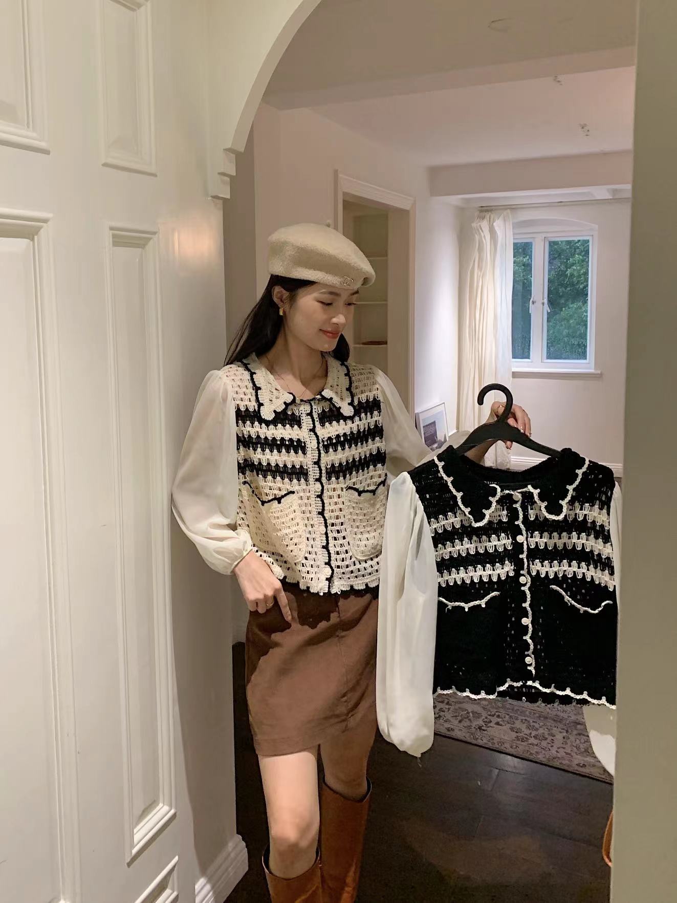 韓版早秋時尚女裝簡約翻領條紋拼接設計感小眾時尚百搭針織開衫