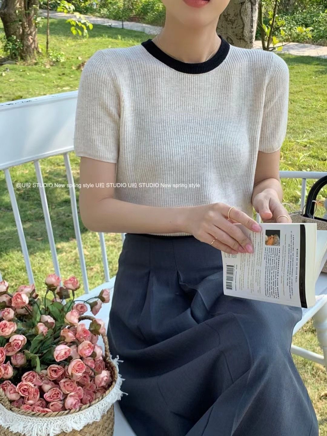 天貓質量溫柔甜美撞色針織衫女2024年夏季薄款內搭短袖上衣