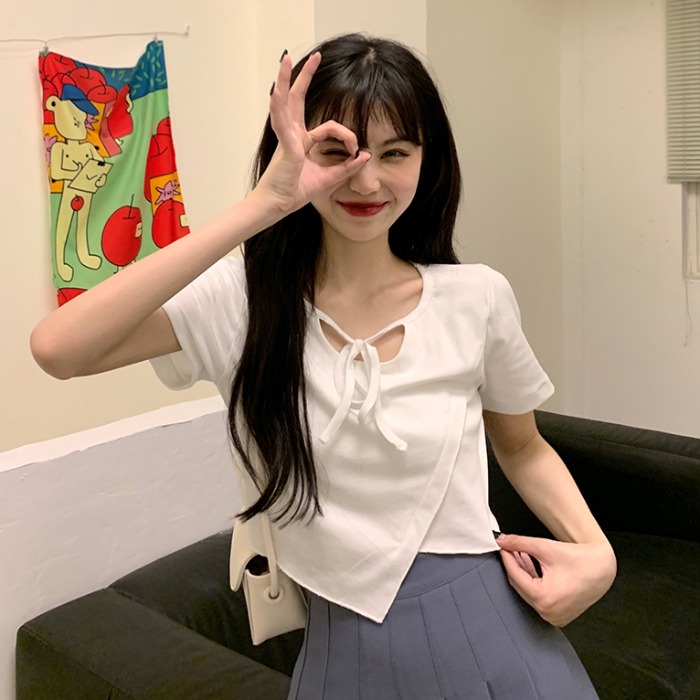 不規則綁帶百搭短袖T恤女夏季韓版2024韓版顯瘦短款上衣