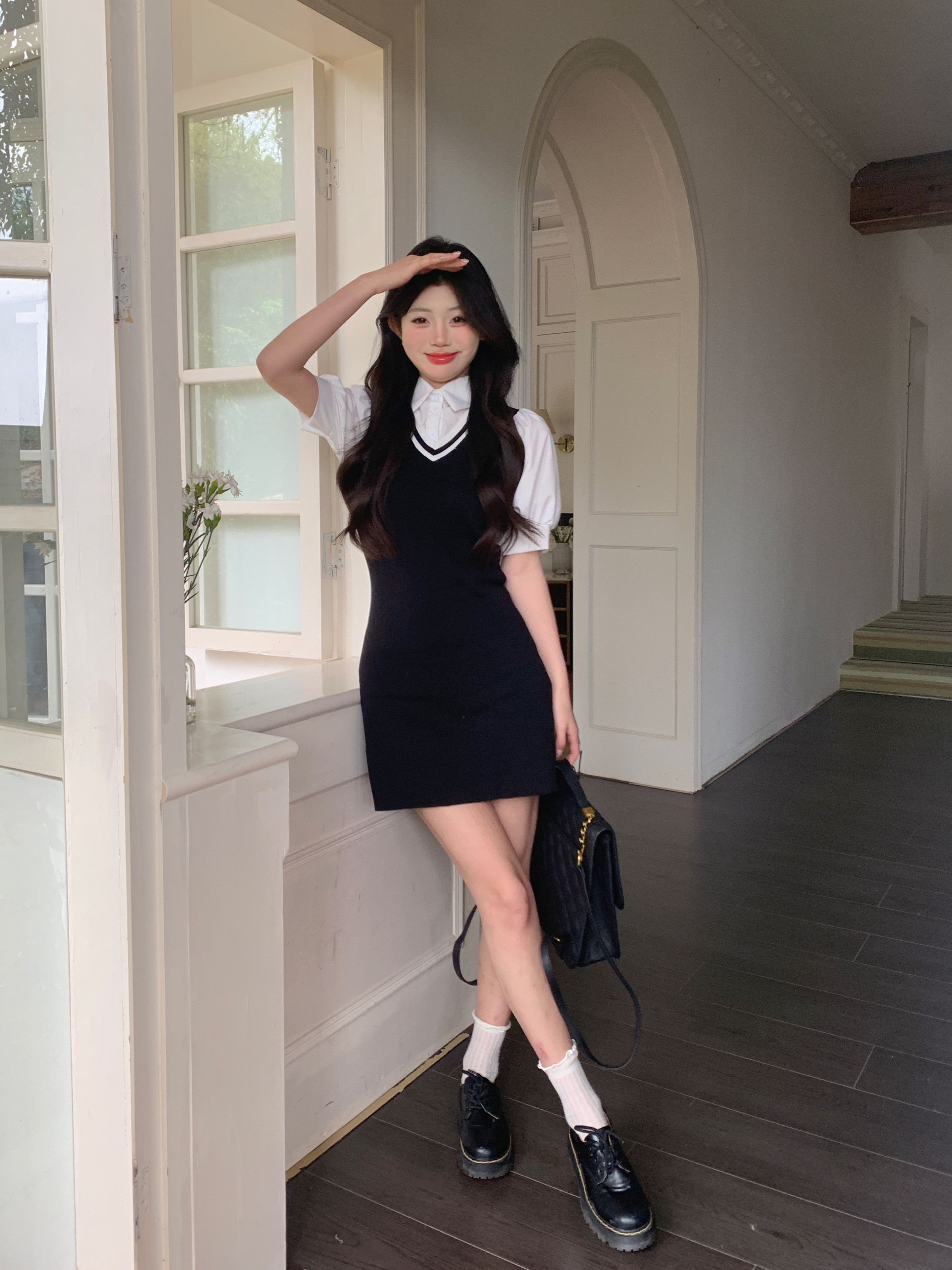 實拍鬼馬學院風撞色假兩件襯衫式連衣裙女收腰修身包臀短裙子