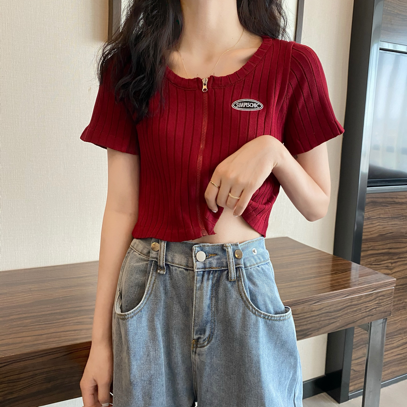 春夏上新-夏季新款短款拉鏈短袖針織衫上衣女