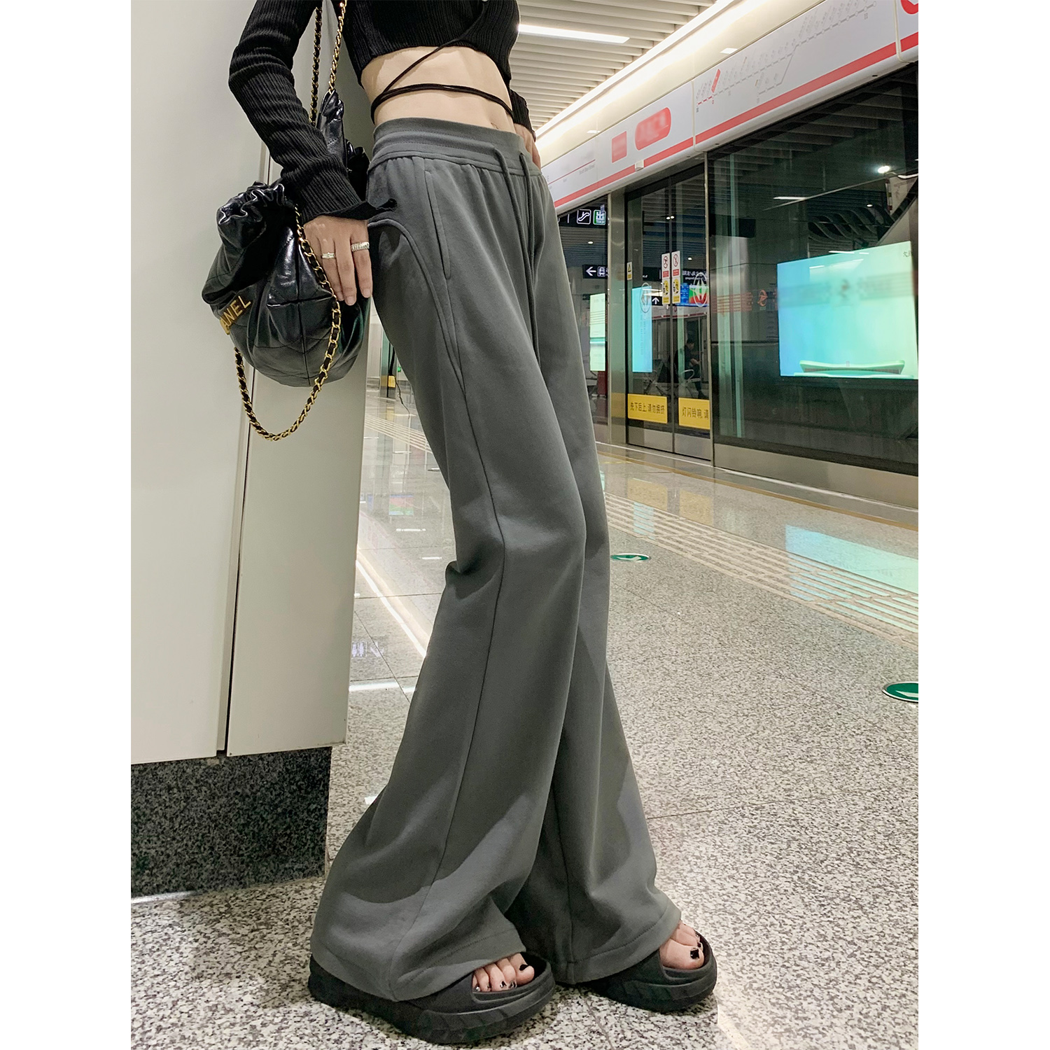 灰色闊腿褲2024春秋季新款微喇叭褲女高腰垂感運動褲休閒褲子