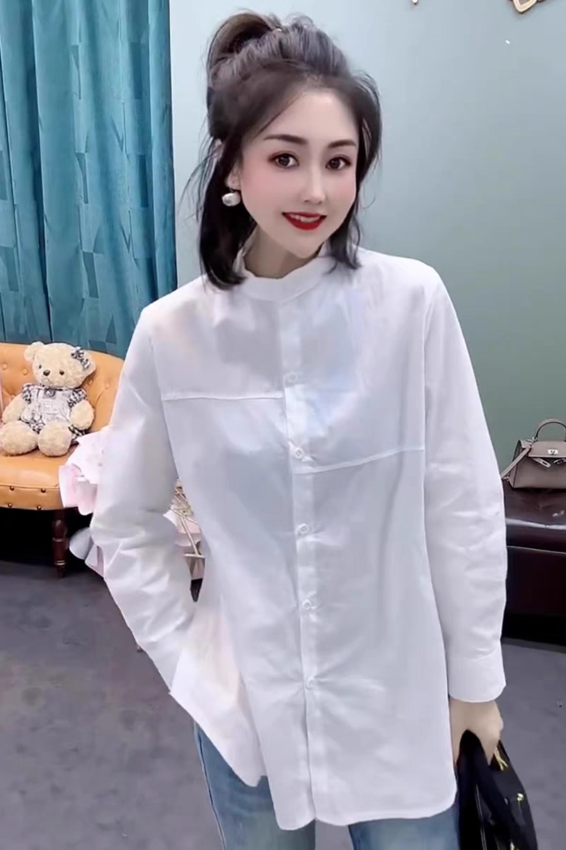 白色襯衫女長袖小個子寬鬆顯瘦外搭氣質疊穿薄款防曬立領襯衣ins