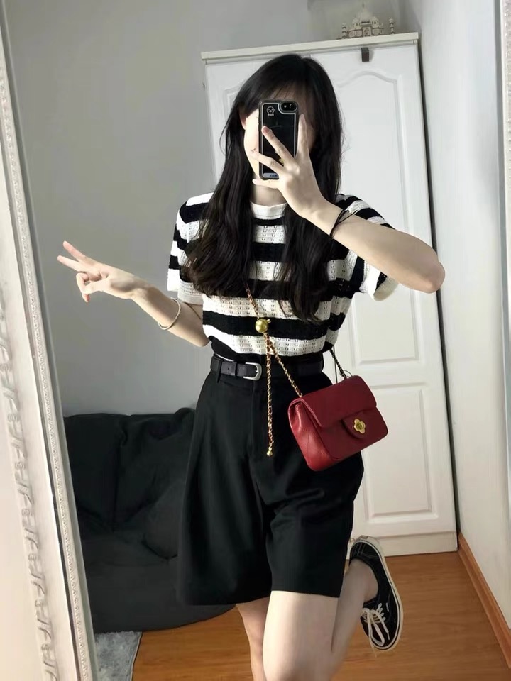 ok好好黑色高腰短褲女夏季新款直筒薄款百搭韓系西裝休閒褲