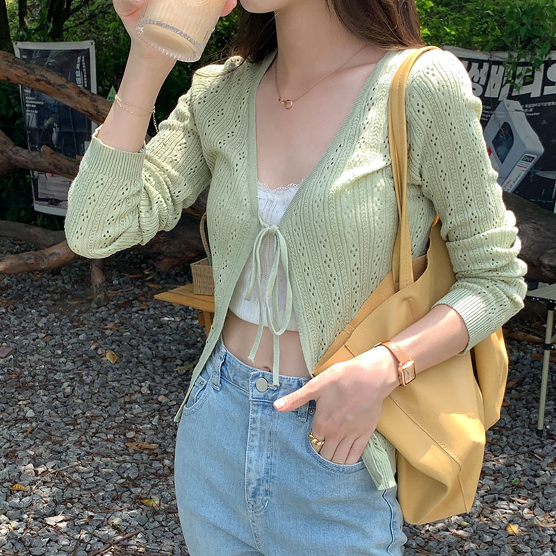 Real shot of spring knitted cardigan thin coat 2024 French hollow lace-up short blouse Korean style versatile top
