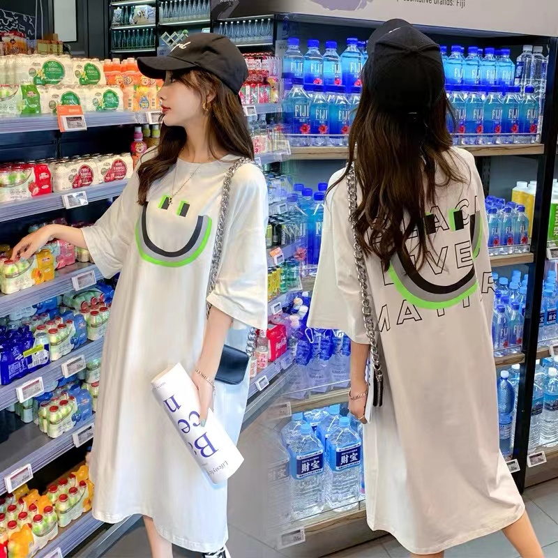 純棉休閒顯瘦短袖T恤裙子中長款大碼寬鬆遮臀胖mm過膝連衣裙