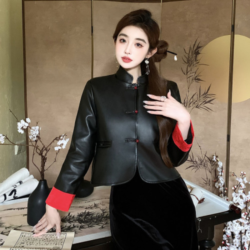 实拍新中式国风上衣高级感超好看黑色皮衣外套
