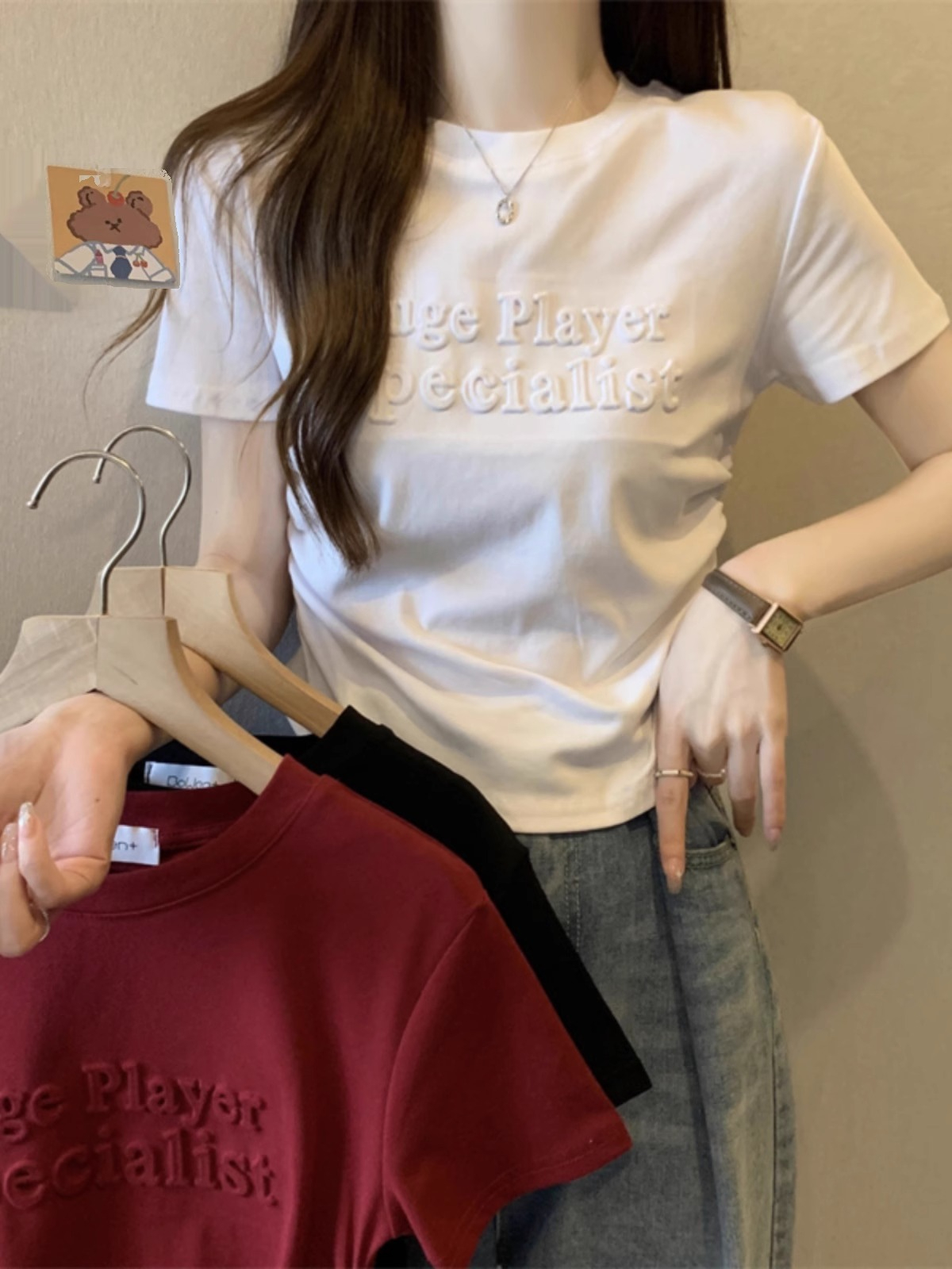 酒紅色短袖T恤女夏季2024新款設計感褶皺修身收腰短款不規則上衣