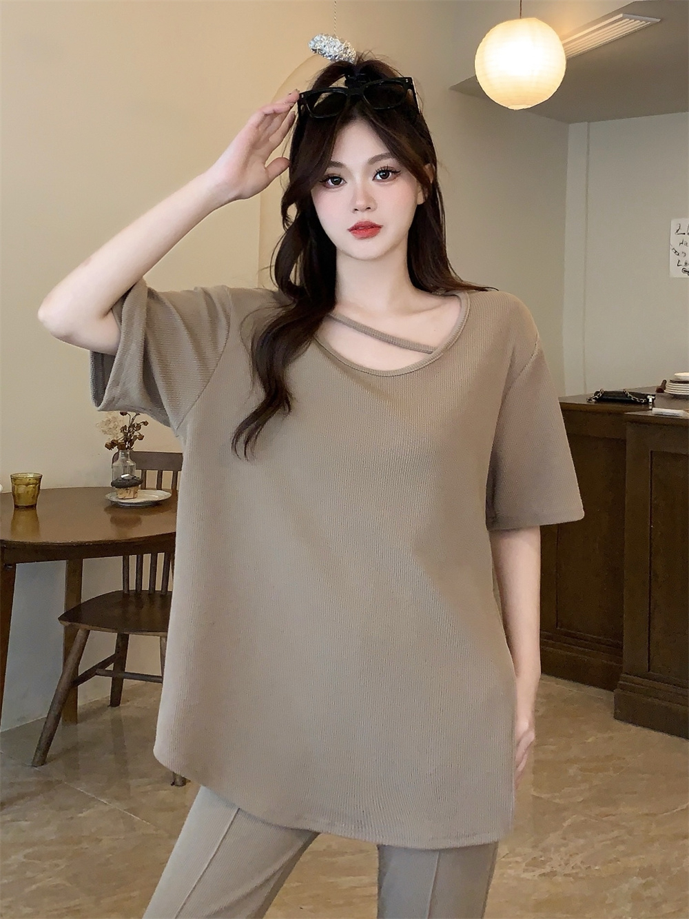 Original workmanship, summer casual loose short-sleeved T-shirt suit, thin, belly-covering, slimming micro-flare pants two-piece set