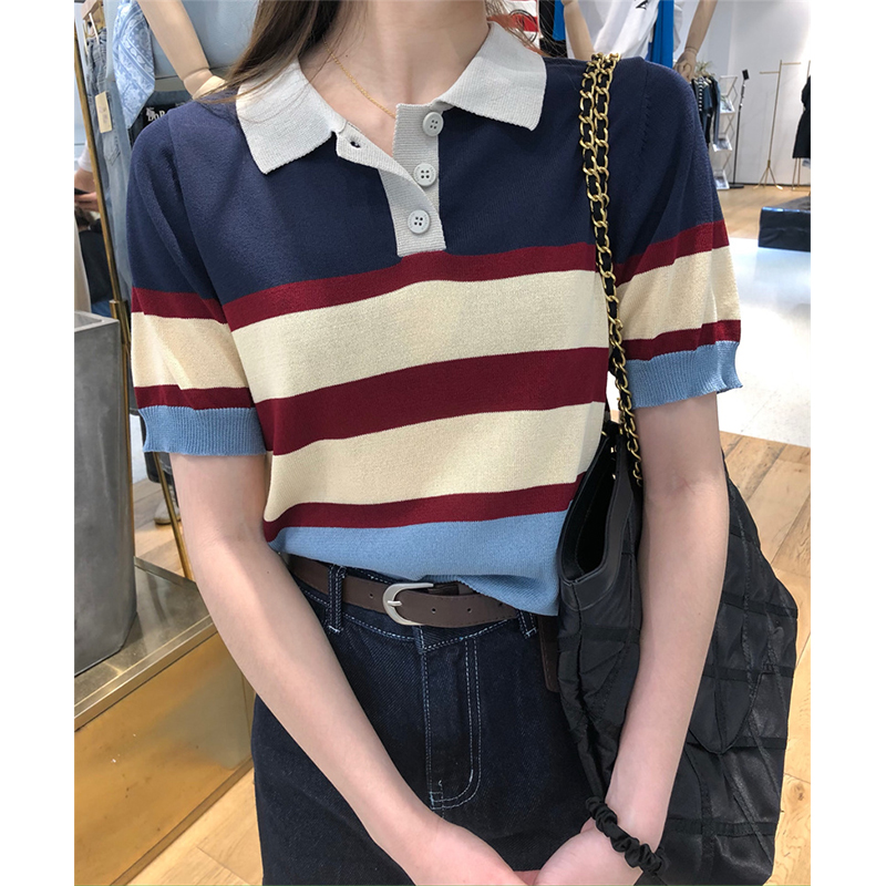 Contrast color polo shirt lapel short-sleeved T-shirt for women 2024 summer thin loose design niche ice silk knitted top