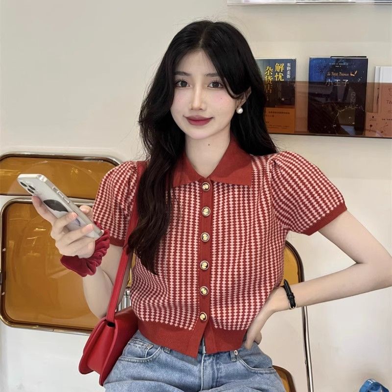 POLO短袖針織衫女夏季新款復古小眾法式設計感短款紅色泡泡袖上衣