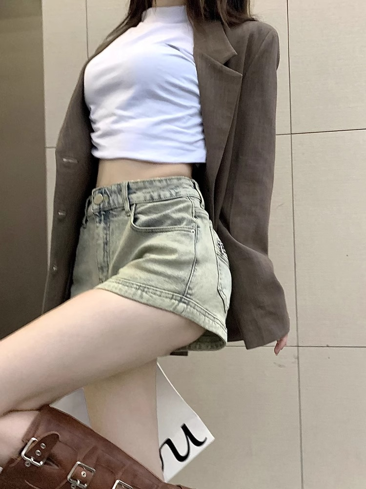 美式辣妹做舊高腰牛仔短褲女夏季修身顯瘦包臀a字褲直筒闊腿熱褲