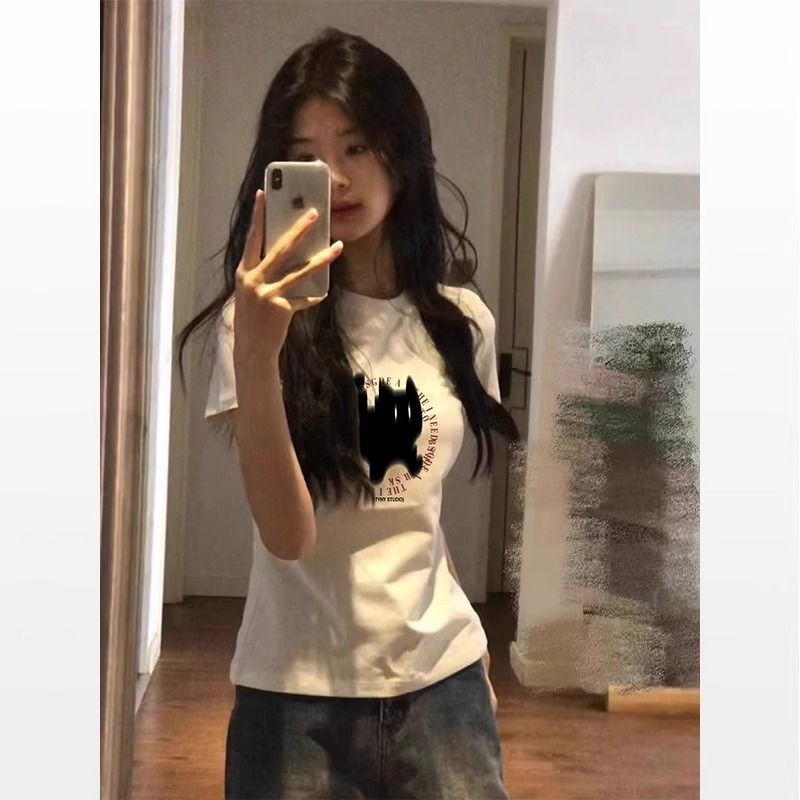 純棉210克40支奧代爾帶彈力直播品質前 印花修身短袖t恤女