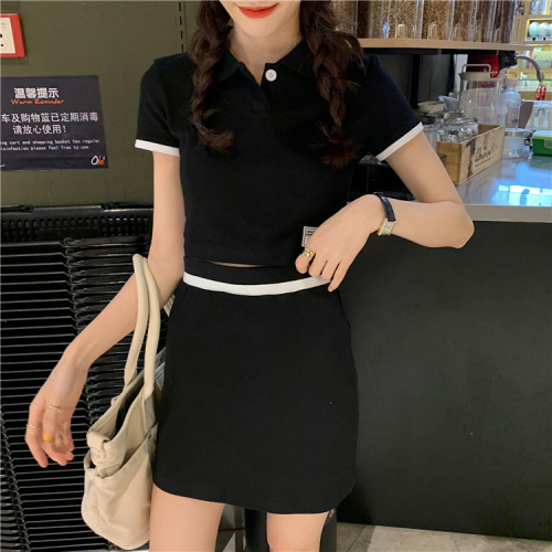 2024 summer new slim polo collar short top high waist hip skirt contrasting color two-piece suit for women