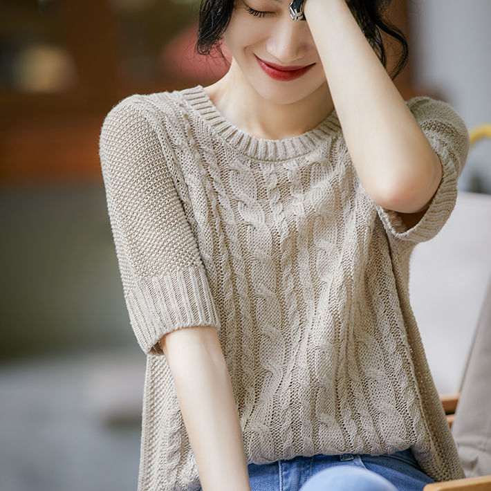 ZYN562678MG 行走的空調大M無縫絞花全亞麻針織套衫圓領短袖
