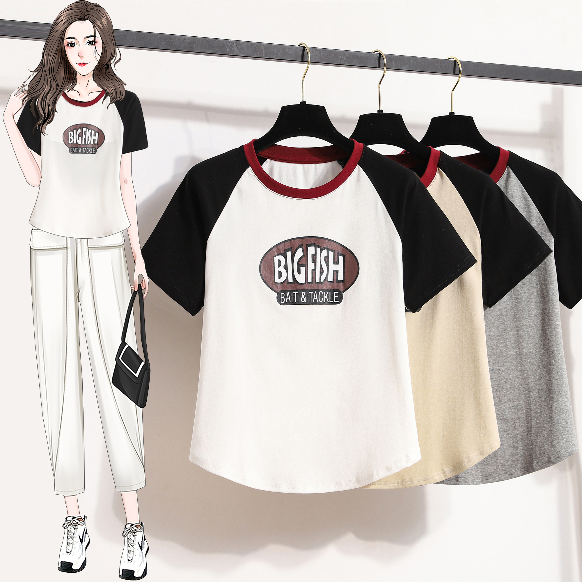 A17 real shot American style contrast raglan sleeve printed short-sleeved T-shirt for women summer irregular slim pure cotton short top