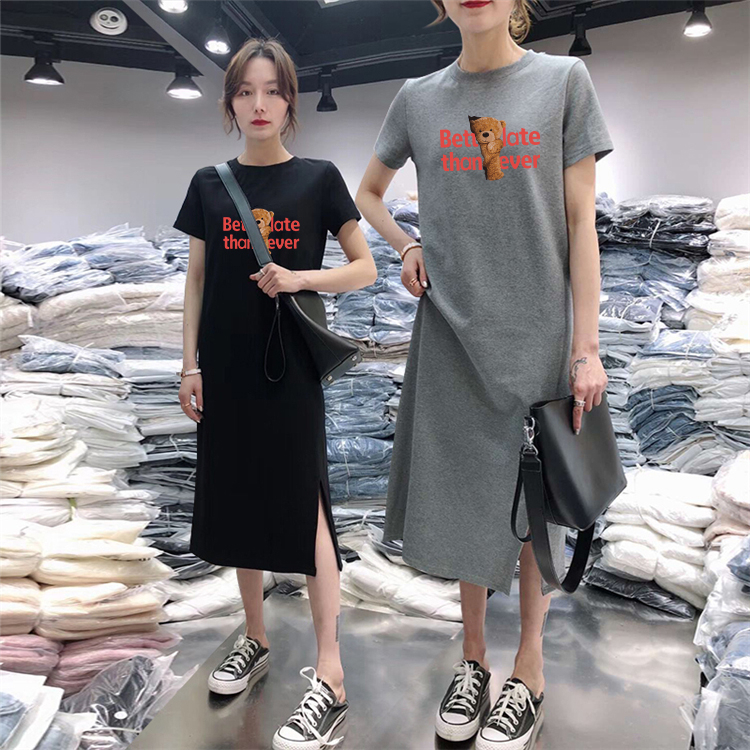 大碼女裝短袖t恤連衣裙女夏季中長款過膝休閒長裙子大碼減齡體恤