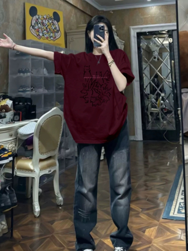 美式復古酒紅色短袖T恤女春夏季2024新款純棉寬鬆中長款正肩上衣