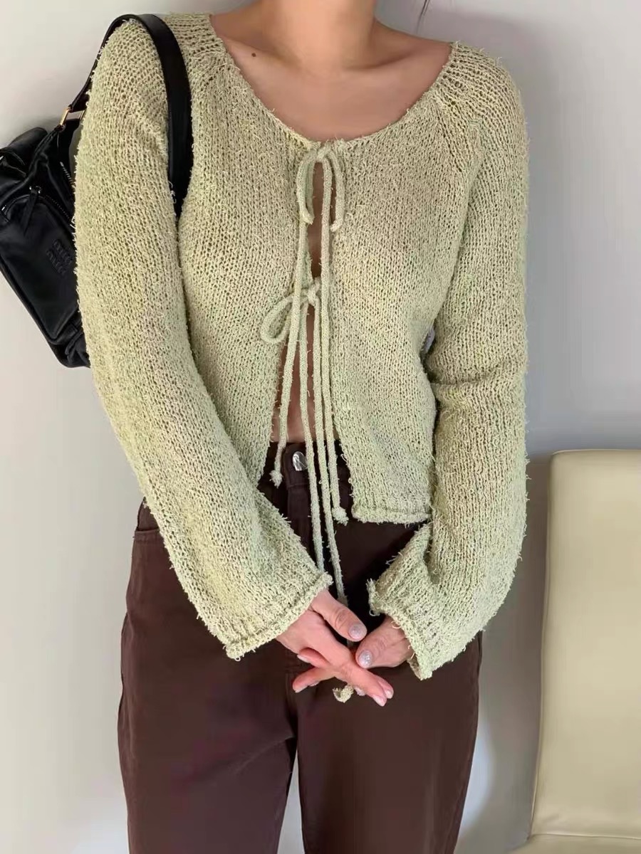 2024春新款韓國東大門代購女裝WANDERLUST時尚簡潔系帶針織開衫潮