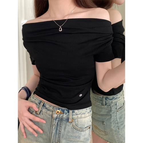 Real shot of spring and summer pleated slim bottoming shirt short top for women 2024 new temperament one-shoulder sweet top