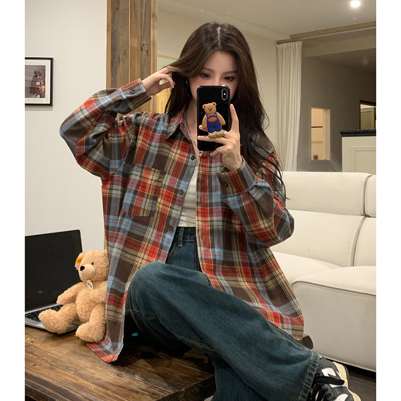 實拍  美式復古中長款格子襯衫bm寬鬆長袖襯衣女