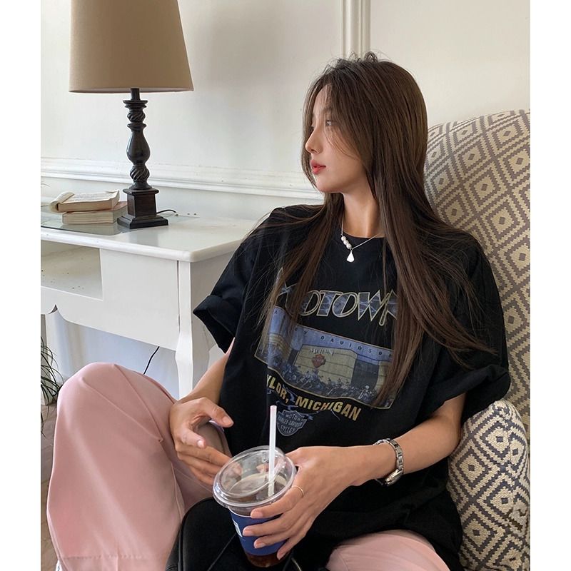 LIL CHER美式復古短袖T恤女2024夏季新款寬鬆休閒慵懶風圓領半袖