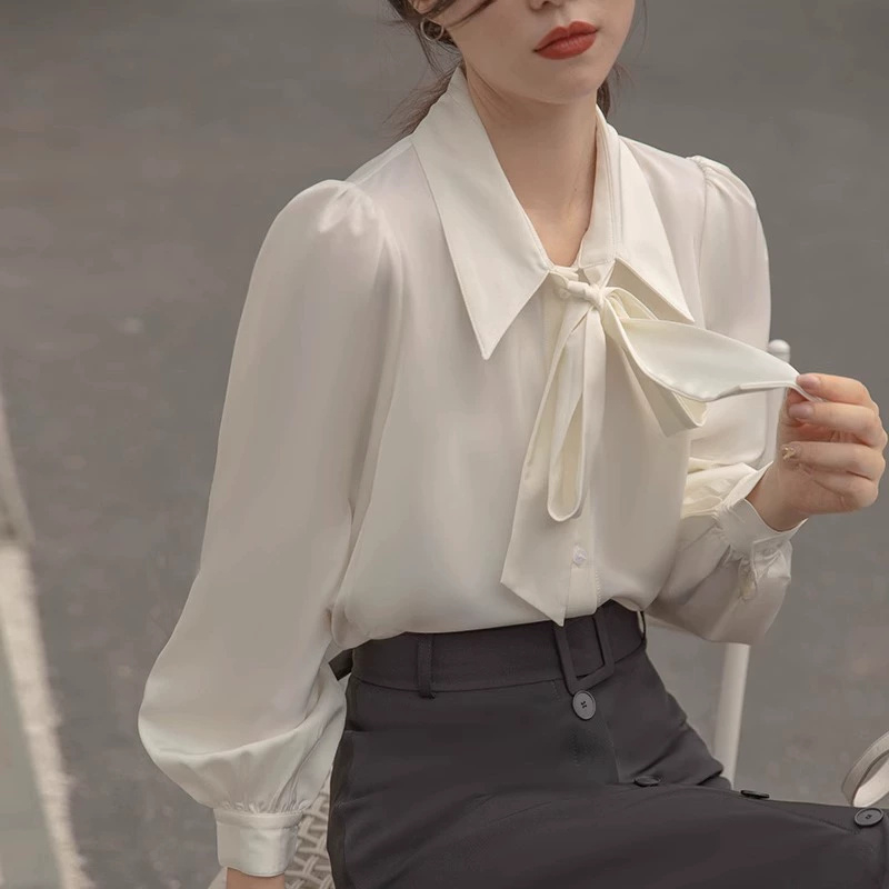春秋新款燈籠袖蝴蝶結襯衫白色內搭襯衣女