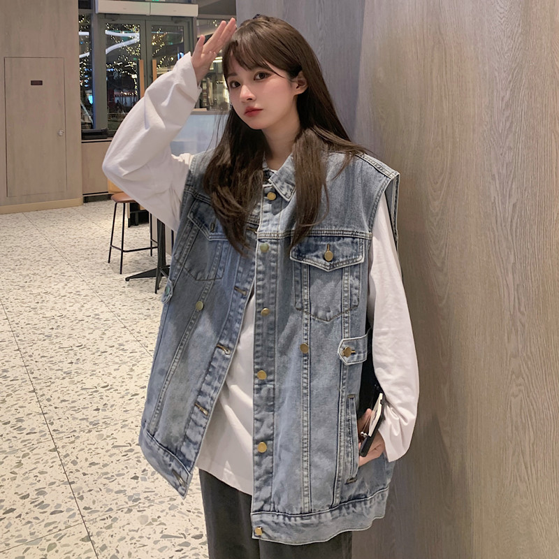 Real shot~Spring style loose-fitting women's clothing with slim temperament, retro Hong Kong style waist-cinching denim vest jacket for women