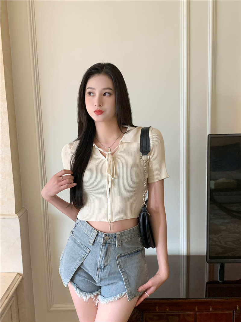 Real shot of design Polo collar double zipper straps slimming short-sleeved shorts knitted T-shirt top for women