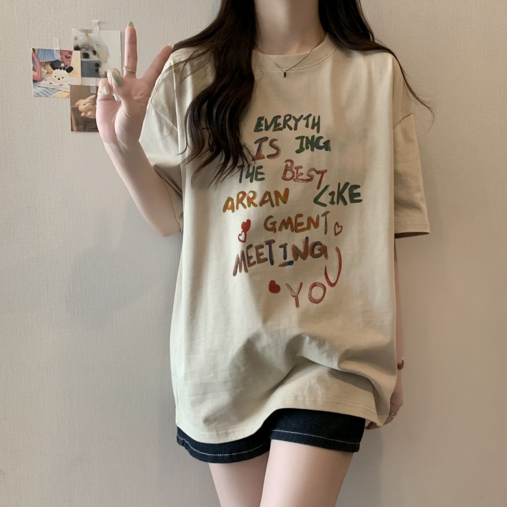 實拍 100%棉精梳純棉 印花夏裝短袖T恤女寬鬆韓版