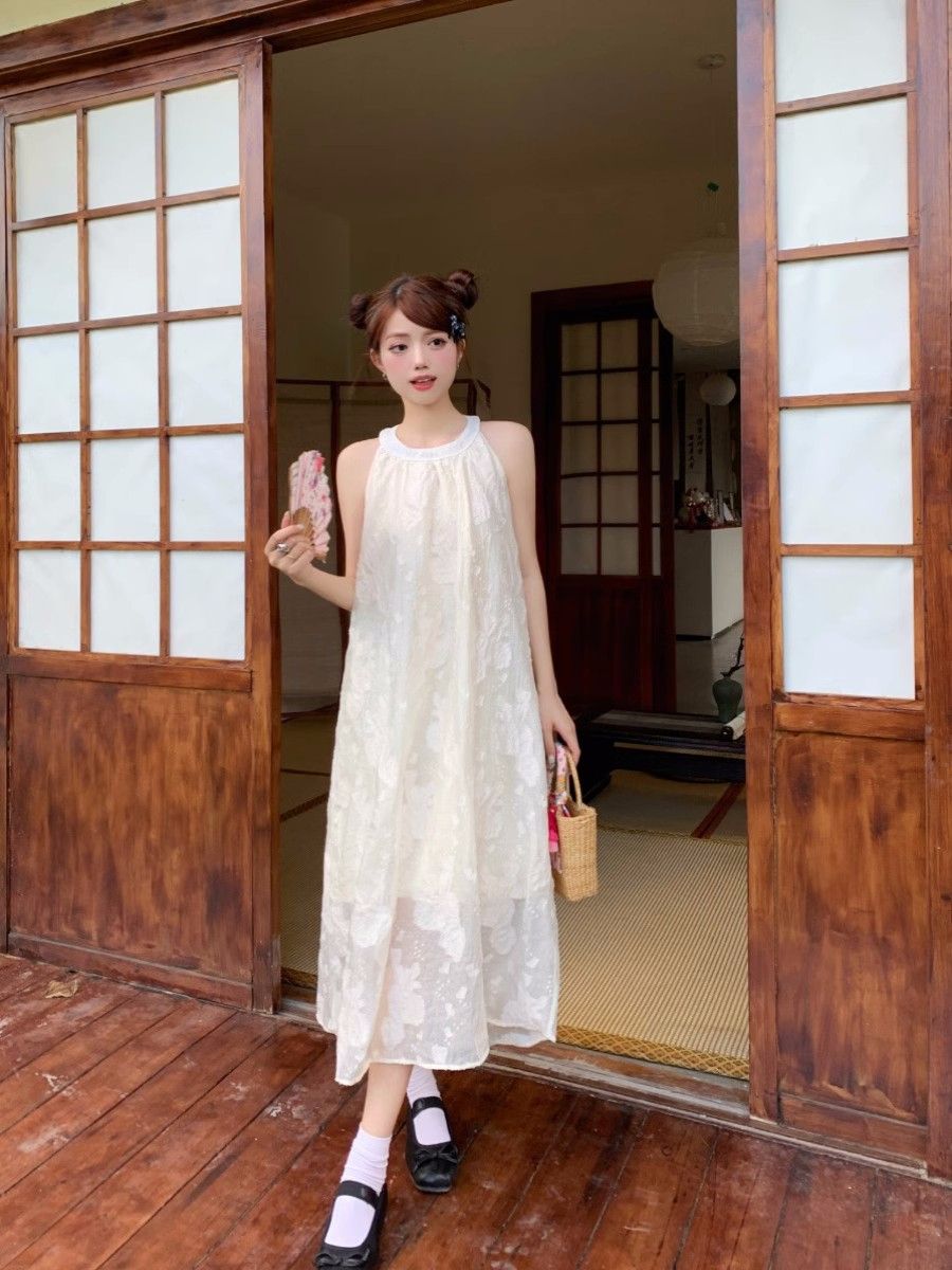 無袖連衣裙女夏季新款顯瘦溫柔風顯瘦減齡中長款蕾絲鈎花背心裙子