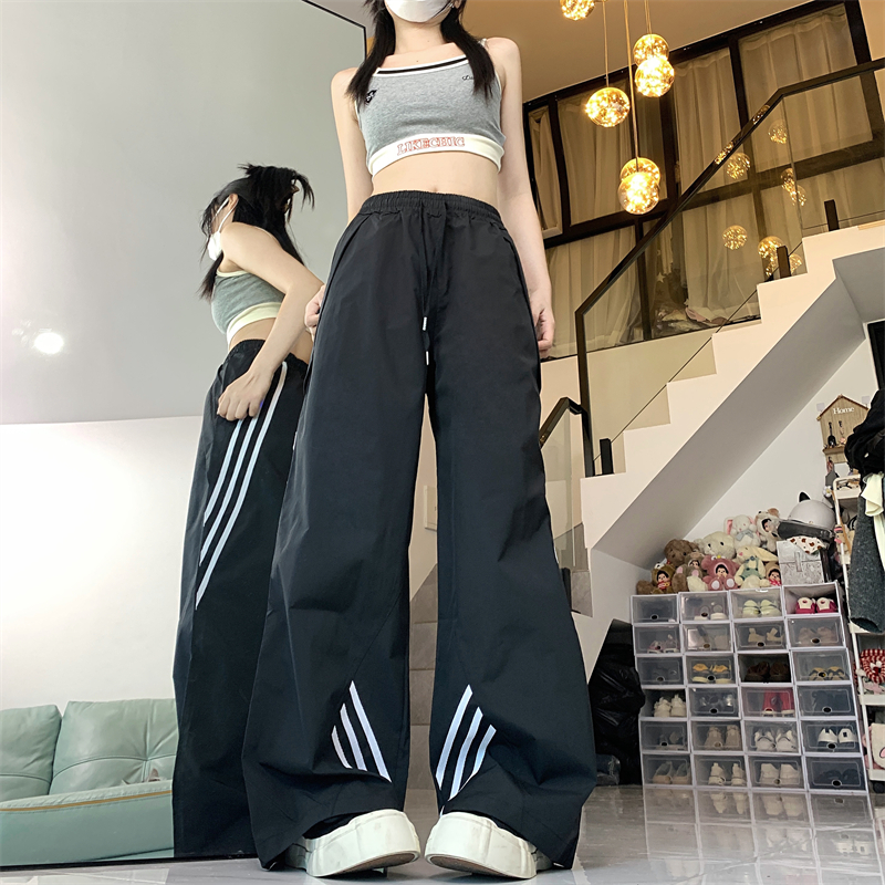 實拍#美式復古設計感三槓高街休閒褲子2024新款拼接寬鬆直筒長褲