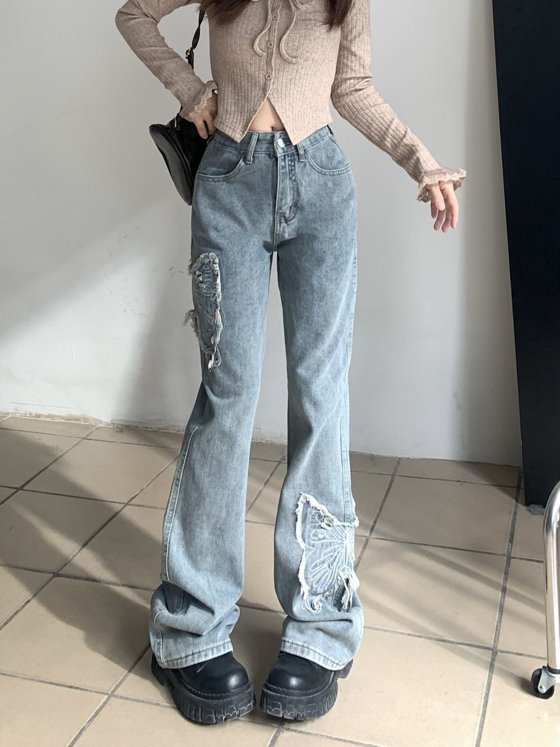新款美式辣妹微喇叭牛仔褲女春秋高腰顯瘦毛邊直筒長褲百搭褲子潮