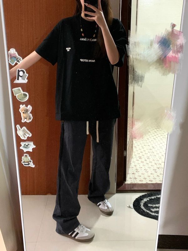 國潮牌超好看黑色字母短袖t恤女夏季寬鬆oversize休閒百搭上衣潮