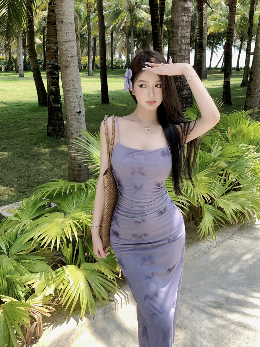 實拍復古性感彈力網紗印花抽褶吊帶連衣裙包臀裙女