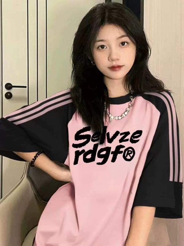 粉色撞色插肩三條槓短袖t恤女夏季新款設計感小眾多巴胺穿搭上衣