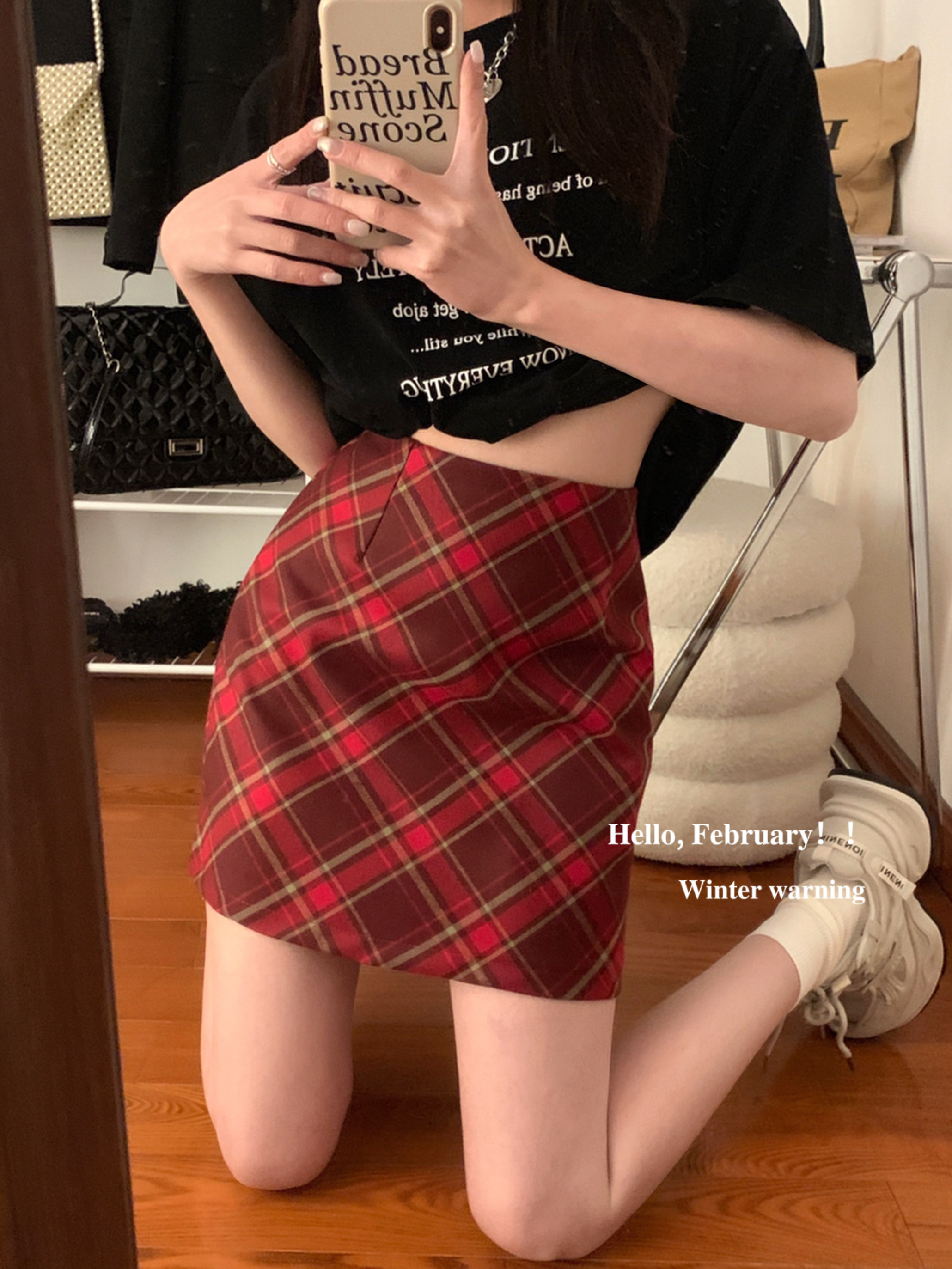 實拍 半身裙女春夏款格子高腰復古小個子a字包臀裙短裙裙子