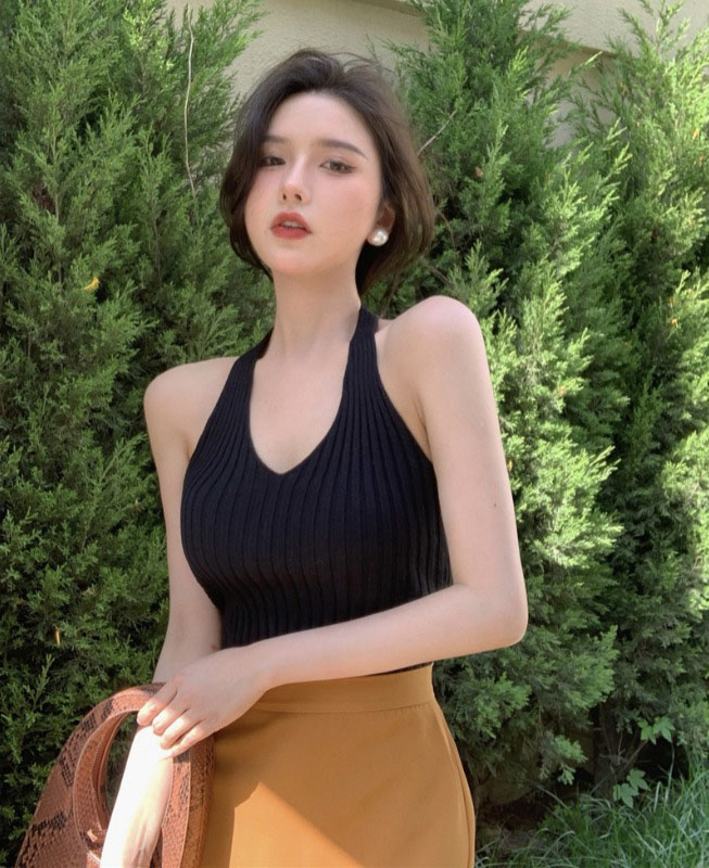 網紅掛脖針織吊帶背心女夏季2024新款外穿辣妹露背修身內搭上衣