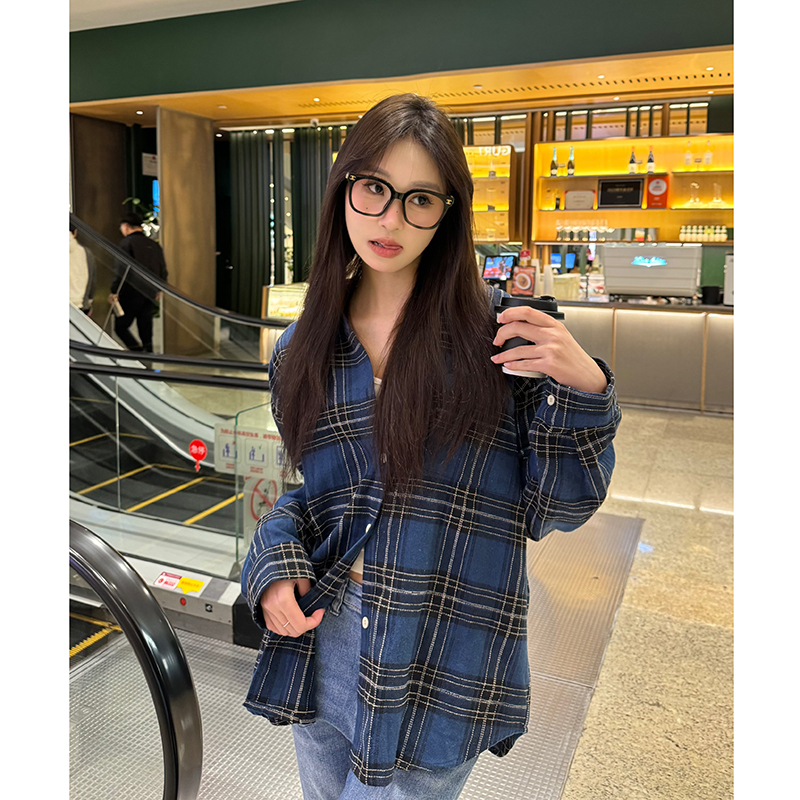 實拍  美式復古格子襯衫女春季寬鬆中長款襯衣外套