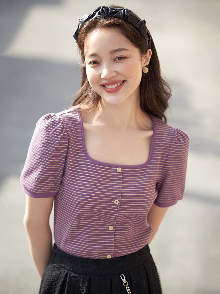 Inman Pear Vortex Series | Square Neck Short Sleeve T-shirt Women's 2024 Summer New Striped Puff Sleeve Top Ins Trend
