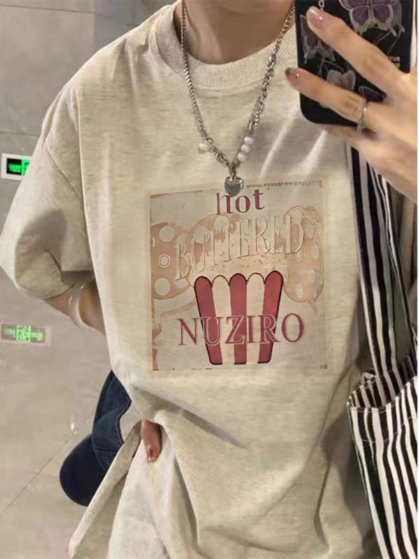 美式復古印花米灰色短袖T恤女春夏純棉寬鬆慵懶中長款小個子上衣