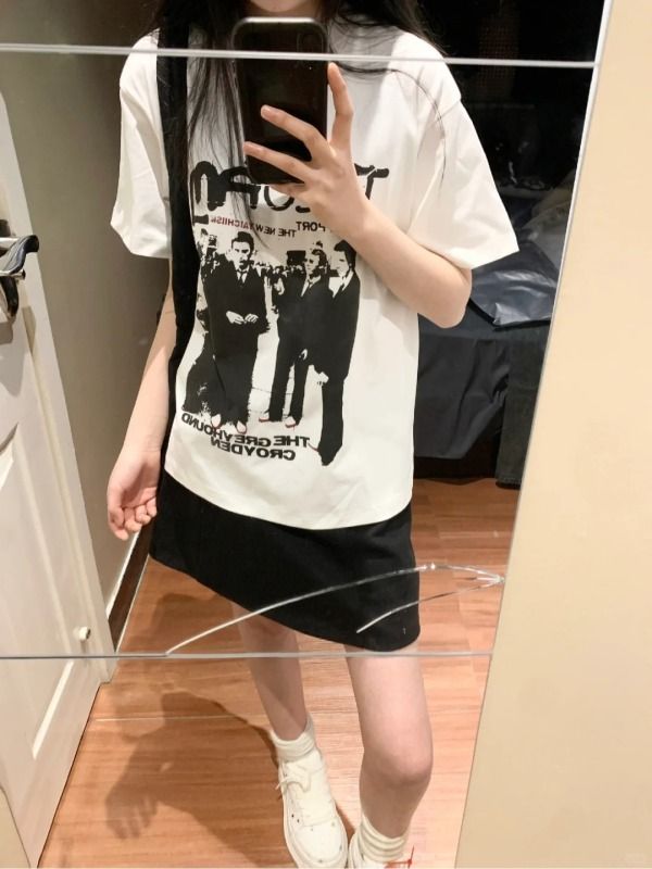 美式復古白色印花正肩短袖t恤女夏夏季寬鬆重磅垂感純棉半袖上衣