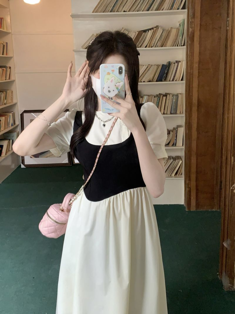 法式高級感小眾初戀白色連衣裙溫柔風泡泡袖別致絕美假兩件長裙夏
