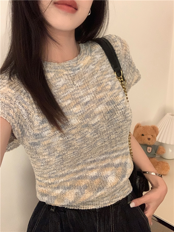 實拍 設計感小眾彩虹針織短袖t恤女圓領別致短款上衣
