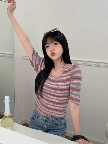 Real shot rainbow striped puff sleeve round neck versatile short-sleeved sweater T-shirt top for women