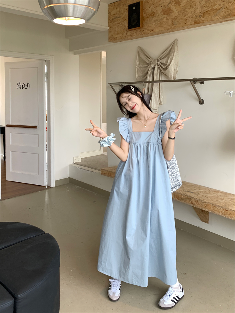 Actual shot of Korean style small flying sleeves bow tie dress with back design