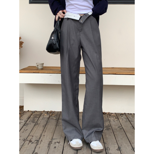 Real shot of British style trousers 2024 spring design, cuffable two-wear straight wide-leg casual pants for women