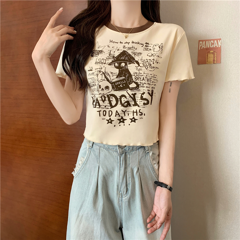 實拍 夏季韓版新款純棉高彈圓領卡通印花短款短袖T恤女